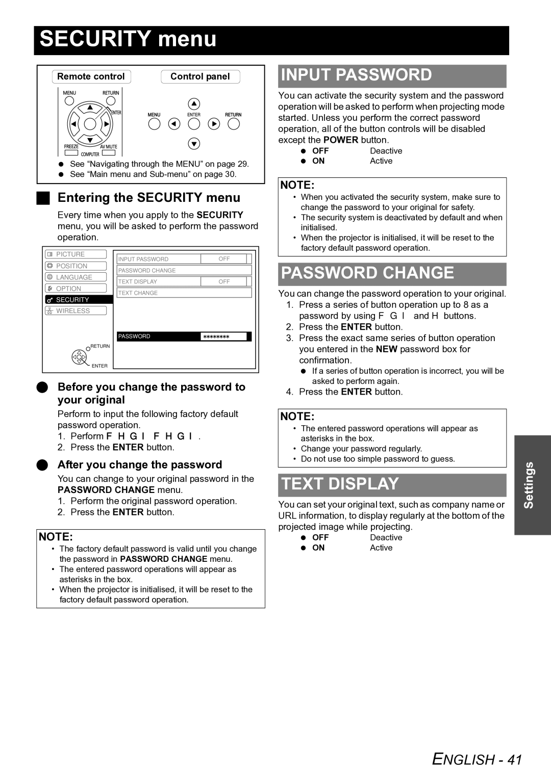 Panasonic PT-LW80NTE manual Input Password, Password Change, Text Display, Entering the Security menu 