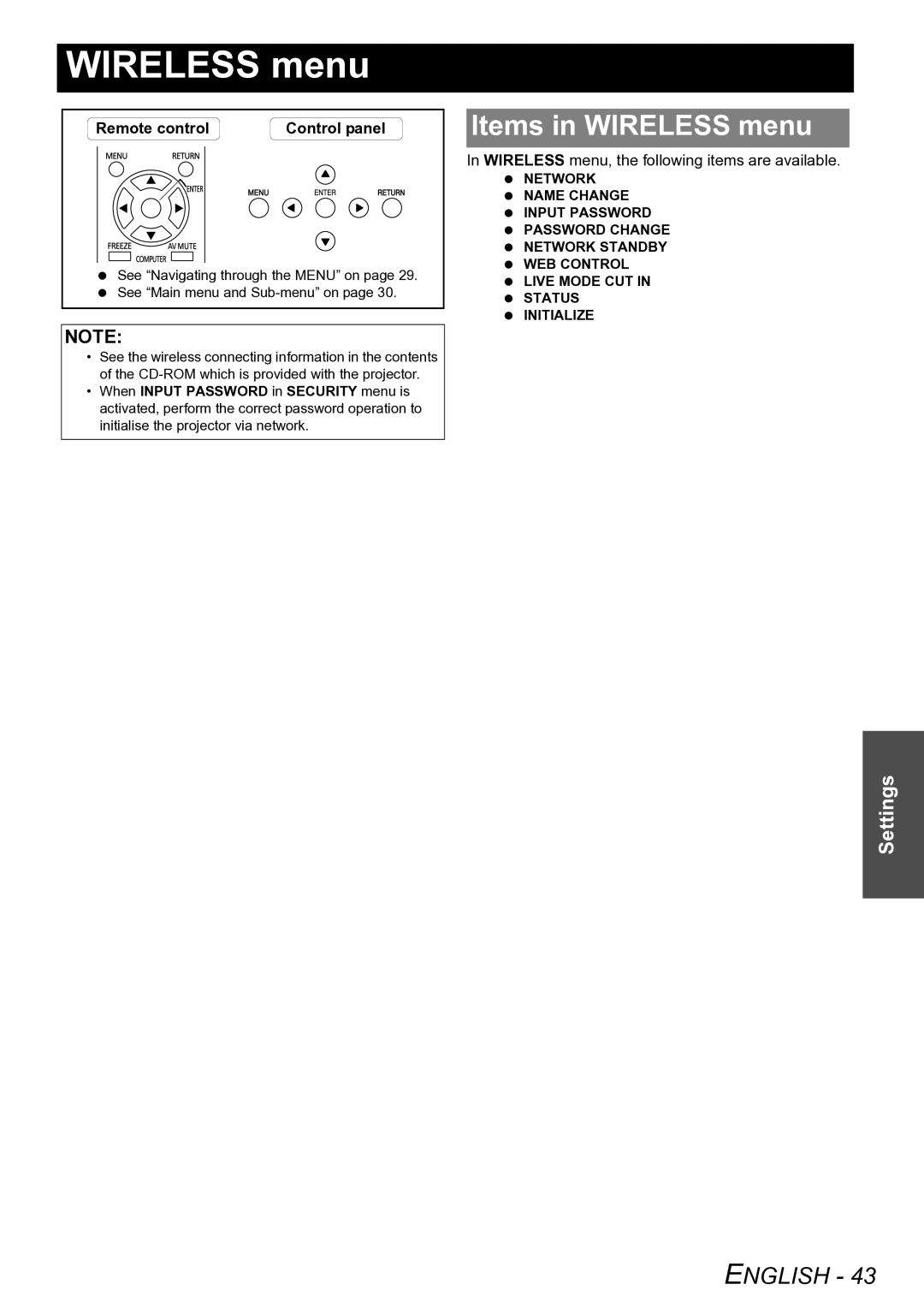 Panasonic PT-LW80NTE manual Items in Wireless menu, Wireless menu, the following items are available 