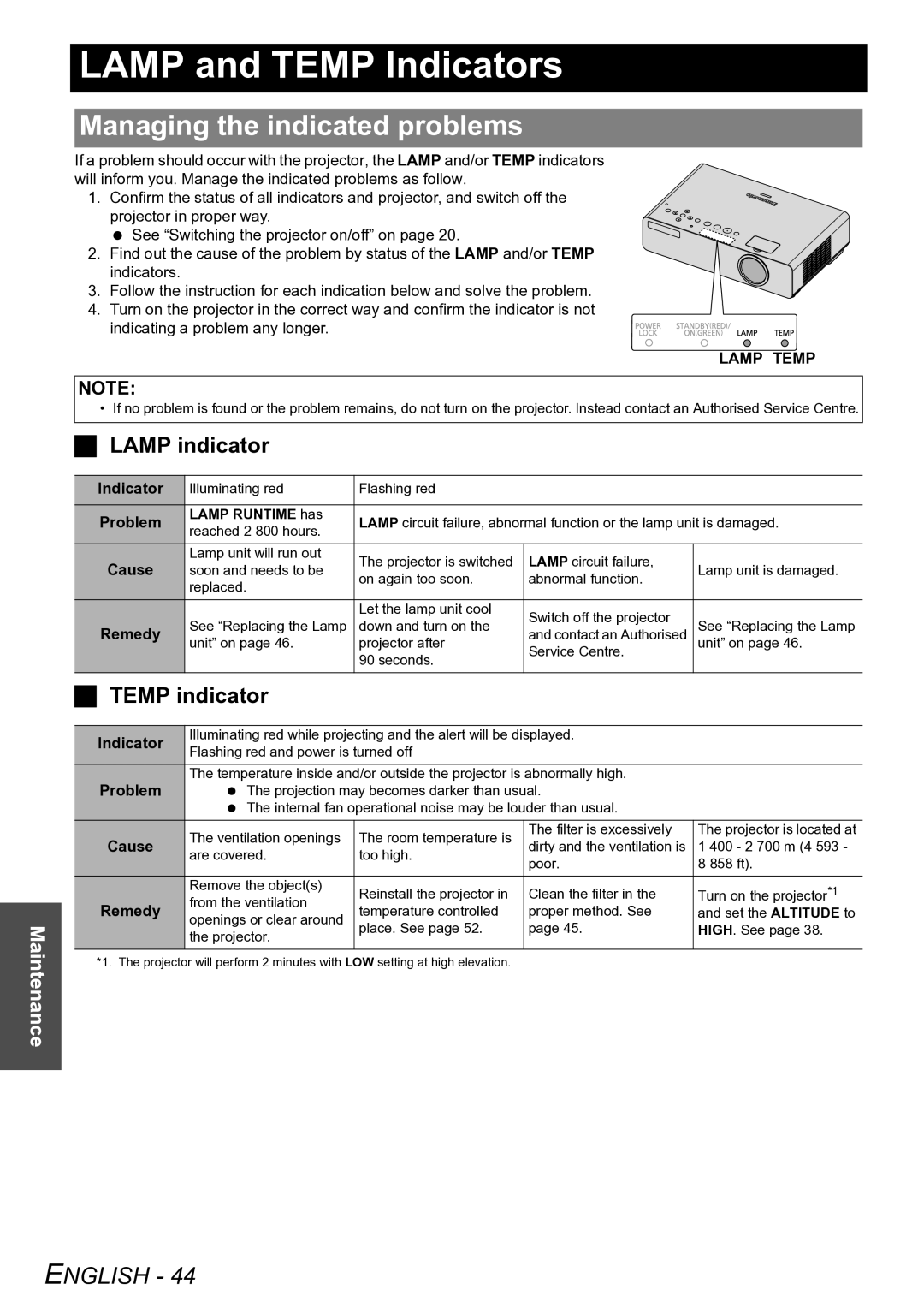 Panasonic PT-LW80NTE Lamp and Temp Indicators, Managing the indicated problems, Lamp indicator, Temp indicator, Lamp Temp 