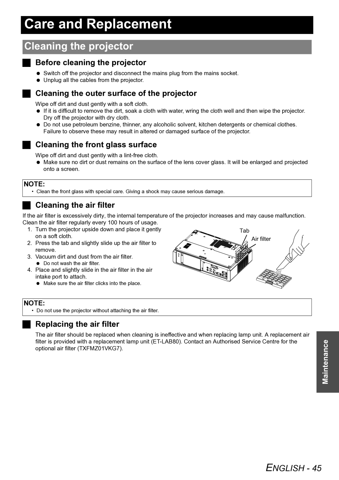 Panasonic PT-LW80NTE manual Care and Replacement, Cleaning the projector 