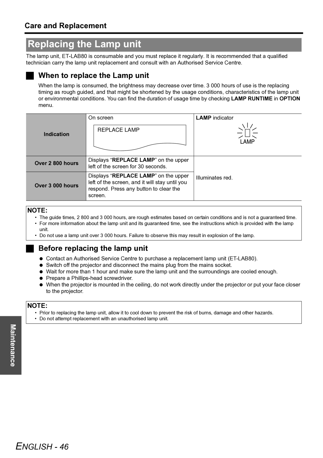 Panasonic PT-LW80NTE manual Replacing the Lamp unit, Care and Replacement, When to replace the Lamp unit 