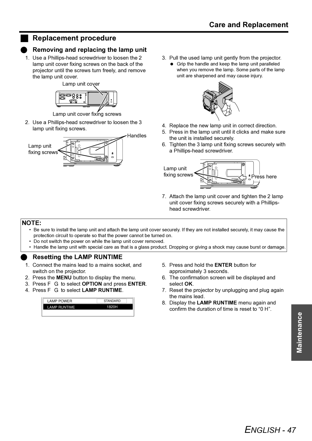 Panasonic PT-LW80NTE manual Care and Replacement Replacement procedure, Removing and replacing the lamp unit 