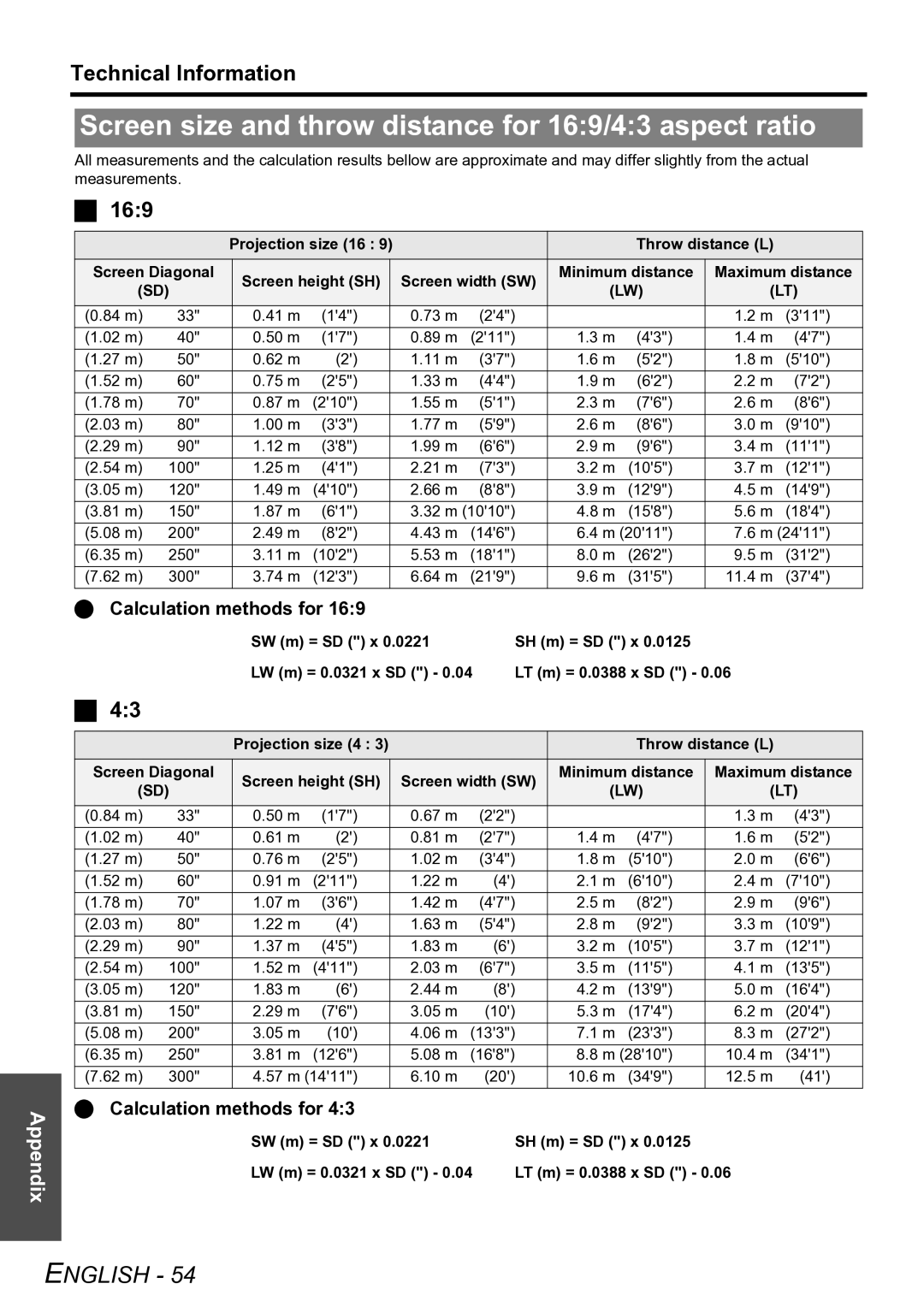 Panasonic PT-LW80NTE manual Screen size and throw distance for 169/43 aspect ratio, Calculation methods for 