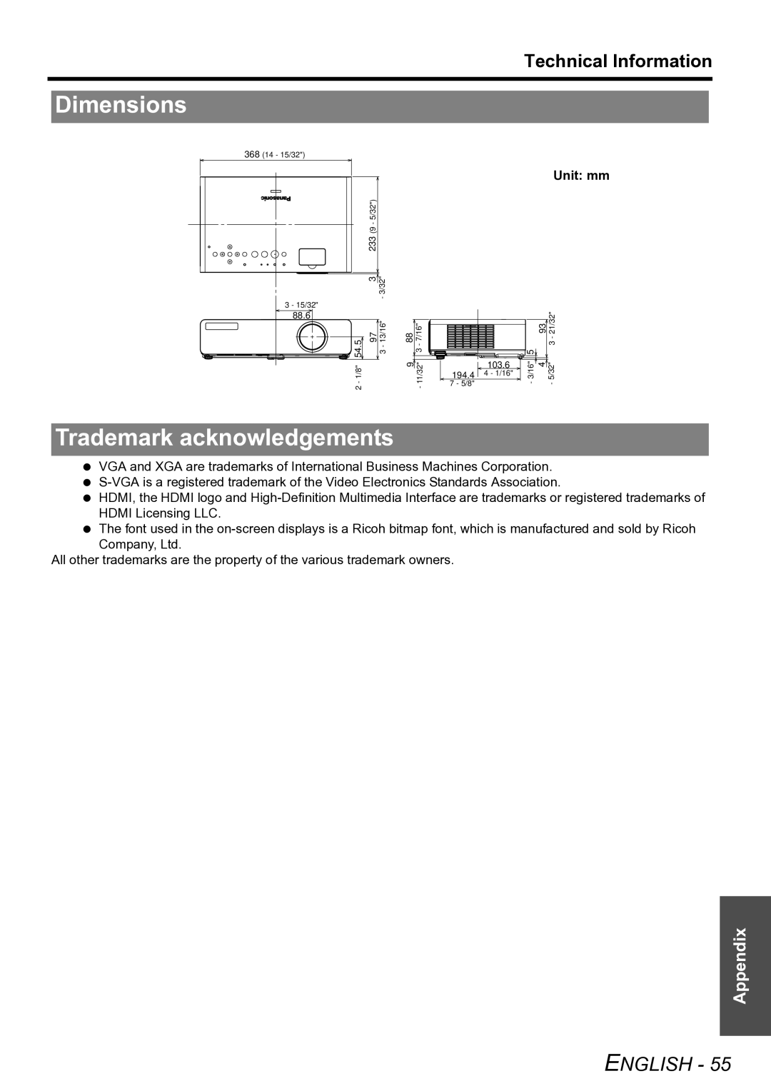 Panasonic PT-LW80NTE manual Dimensions, Trademark acknowledgements, Unit mm 