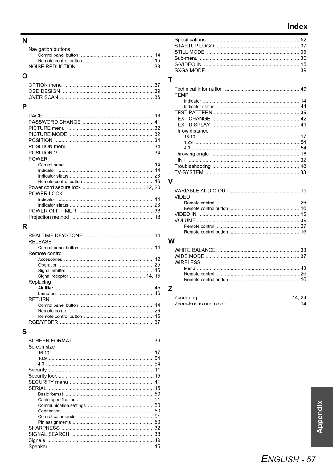 Panasonic PT-LW80NTE manual Index, Position Power 