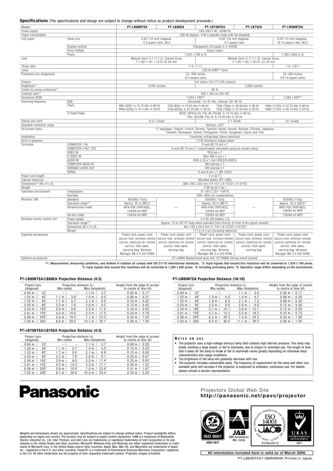 Panasonic PT-LB80NTEA manual Projectors Global Web Site, h t t p / / p a n a s o n i c . n e t / p a v c / p ro j e c t o r 