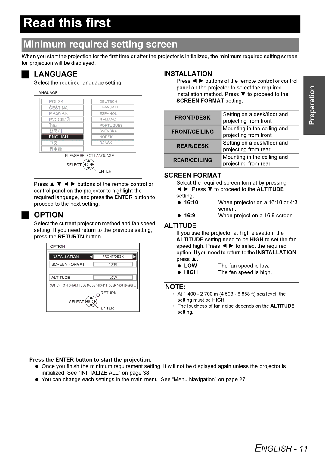 Panasonic PT-LW80NTU manual Read this first, Minimum required setting screen 