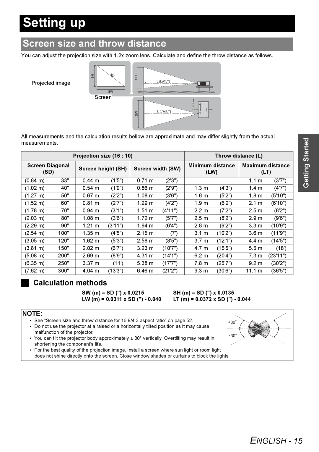 Panasonic PT-LW80NTU manual Setting up, Screen size and throw distance, Calculation methods 