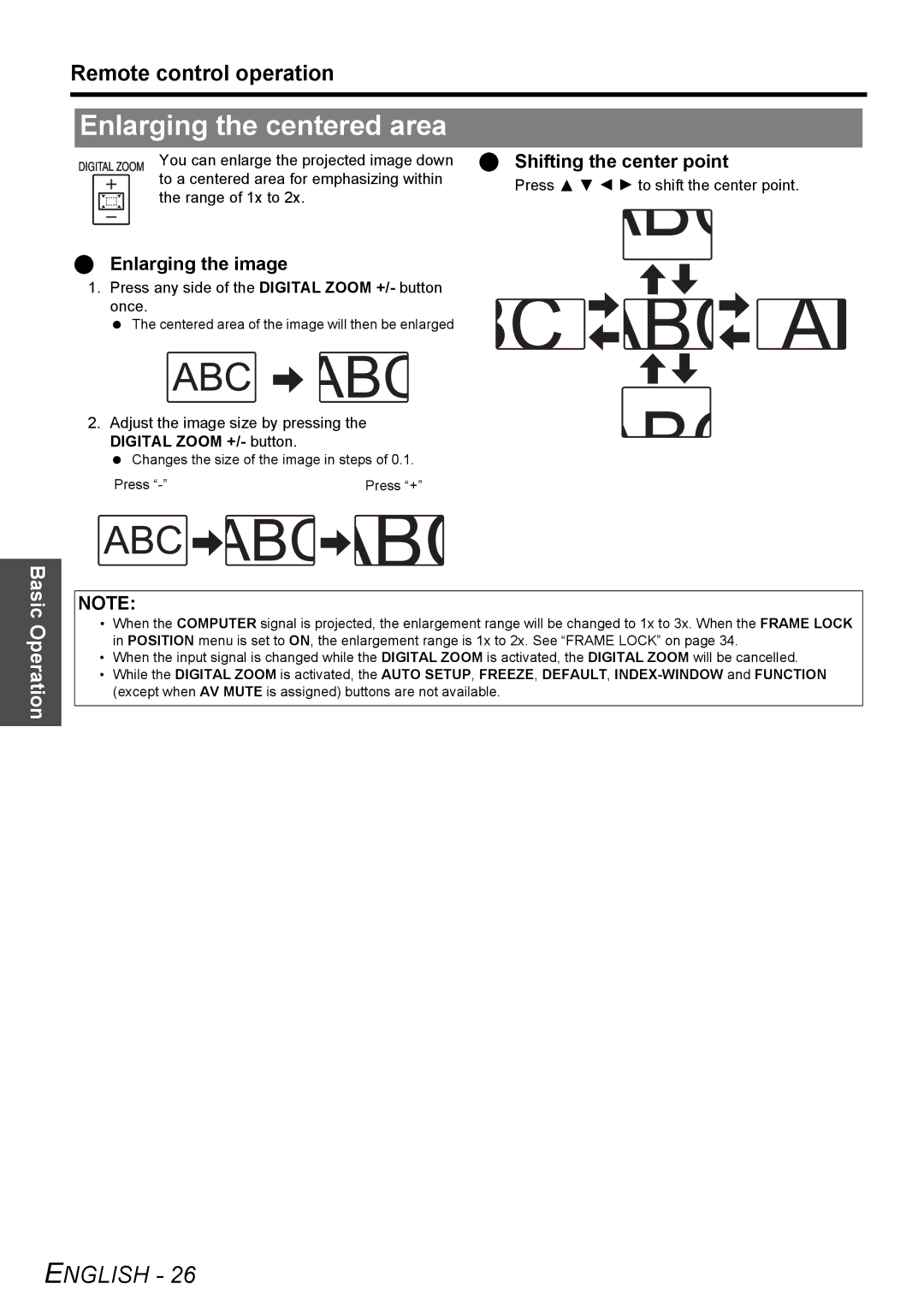 Panasonic PT-LW80NTU manual Enlarging the centered area, Enlarging the image, Shifting the center point 