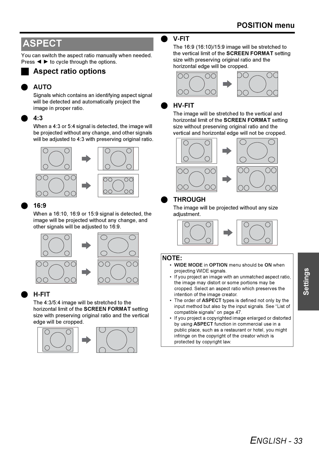 Panasonic PT-LW80NTU manual Aspect ratio options, 169 1610/159 image will be stretched to 