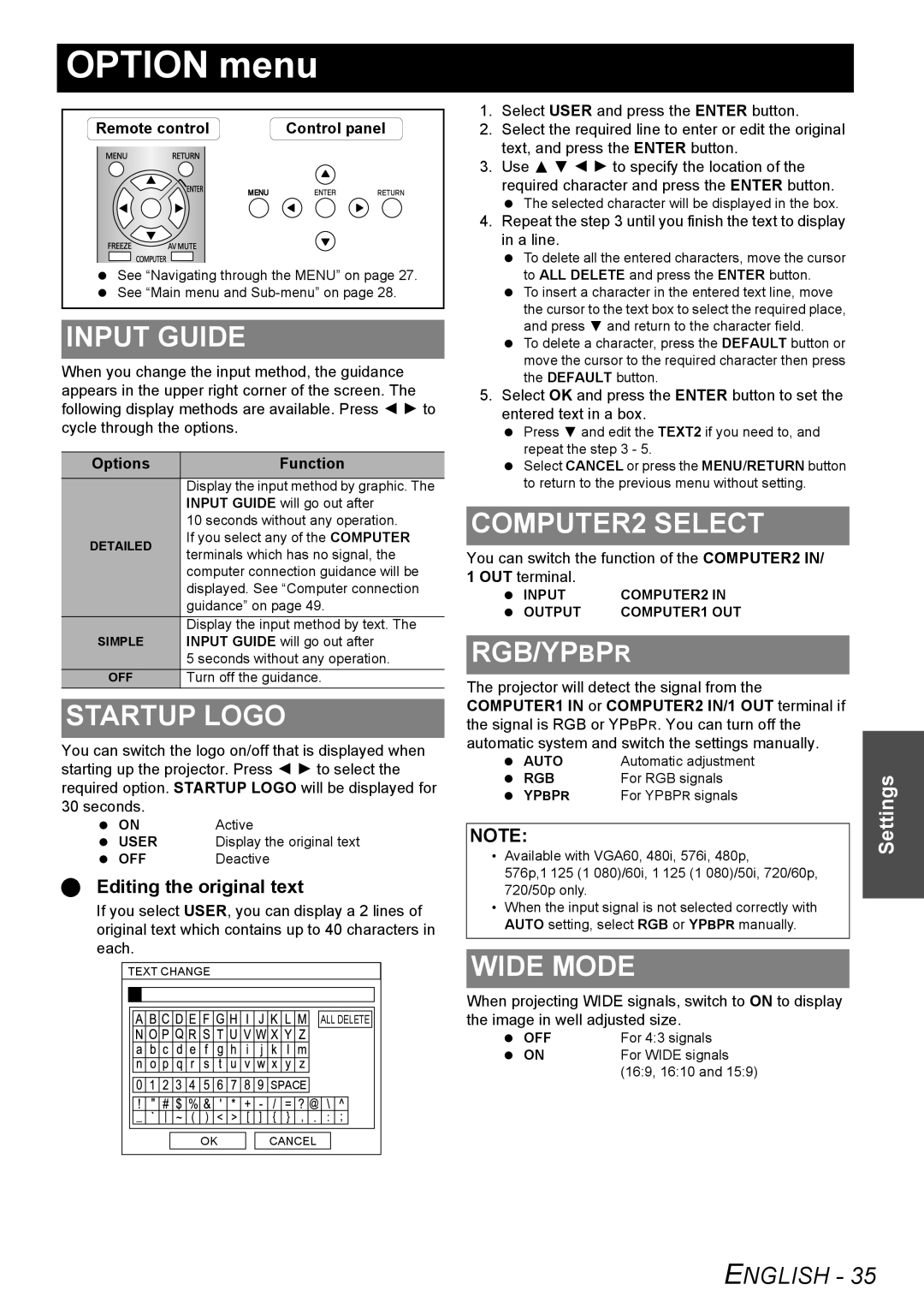 Panasonic PT-LW80NTU manual Option menu 