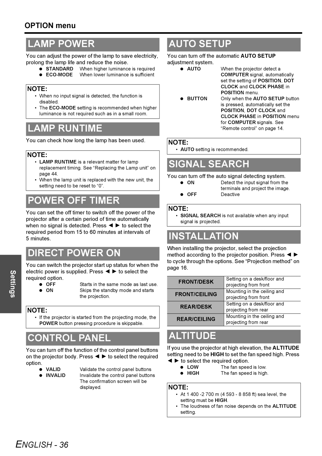 Panasonic PT-LW80NTU Lamp Power, Lamp Runtime, Power OFF Timer, Direct Power on, Auto Setup, Signal Search, Installation 