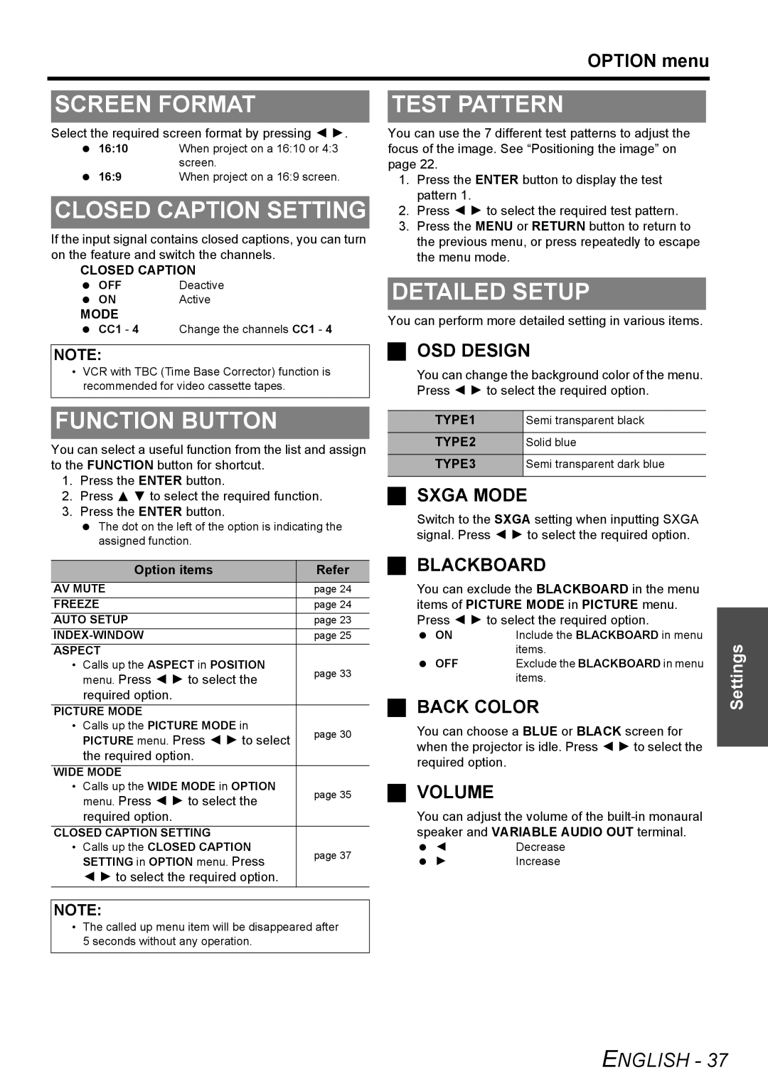 Panasonic PT-LW80NTU manual Screen Format, Closed Caption Setting, Test Pattern, Function Button 