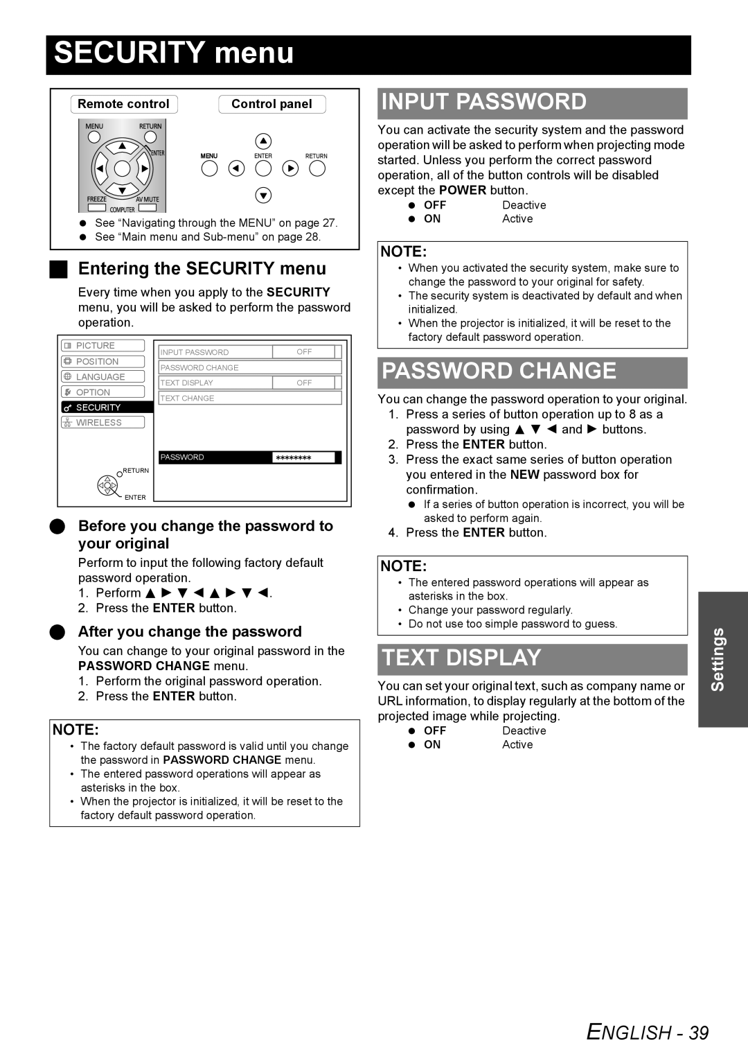 Panasonic PT-LW80NTU manual Input Password, Password Change, Text Display, Entering the Security menu 