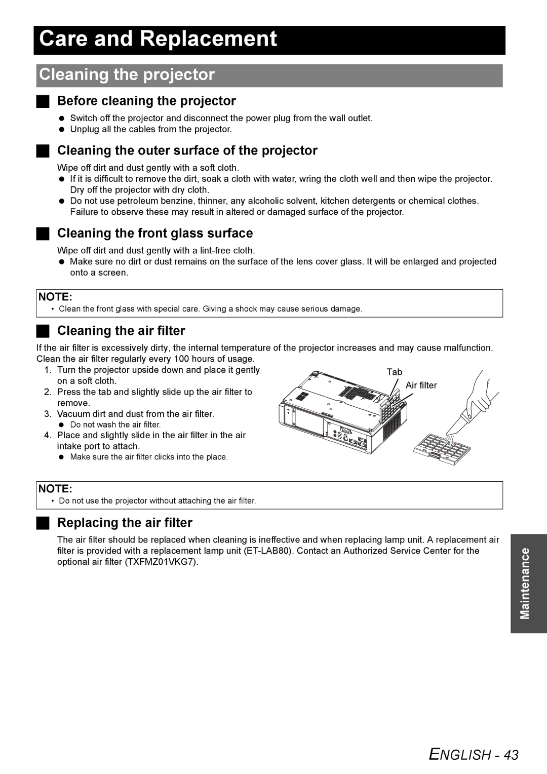 Panasonic PT-LW80NTU manual Care and Replacement, Cleaning the projector 