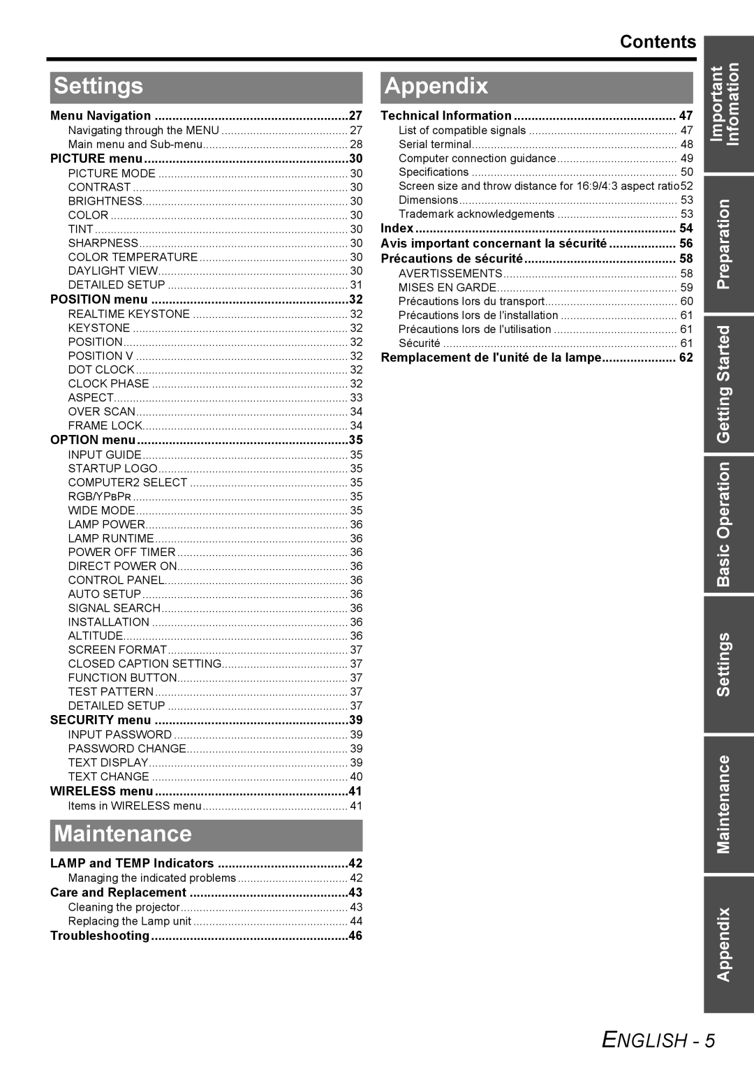 Panasonic PT-LW80NTU manual Settings, Appendix, Maintenance, Contents 