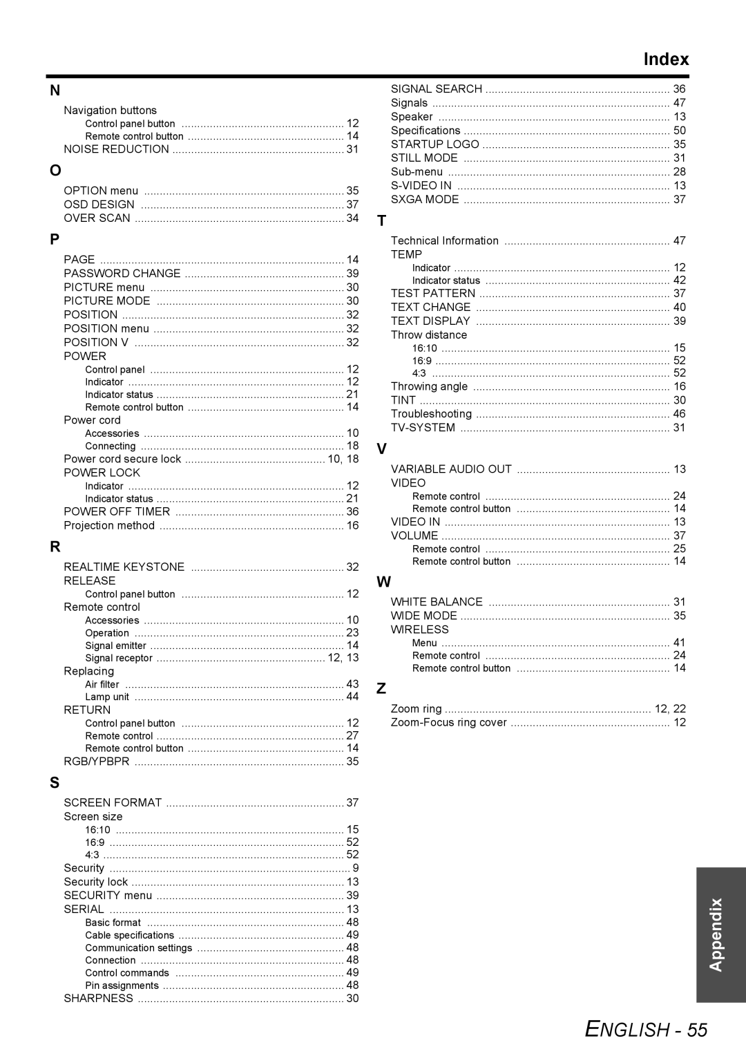 Panasonic PT-LW80NTU manual Index, Position Power 