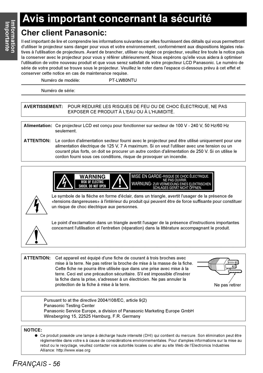 Panasonic PT-LW80NTU manual Avis important concernant la sécurité, Numéro de série 