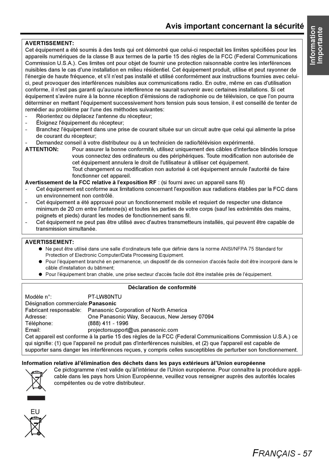 Panasonic PT-LW80NTU manual Avis important concernant la sécurité, Avertissement, Déclaration de conformité, Modèle n 