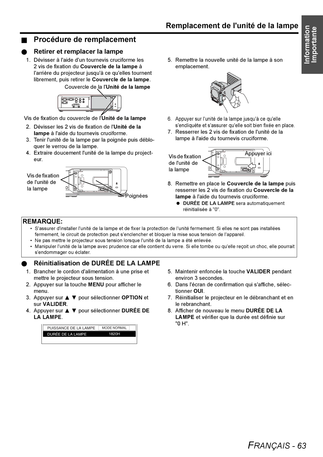 Panasonic PT-LW80NTU manual Retirer et remplacer la lampe, Réinitialisation de Durée DE LA Lampe 