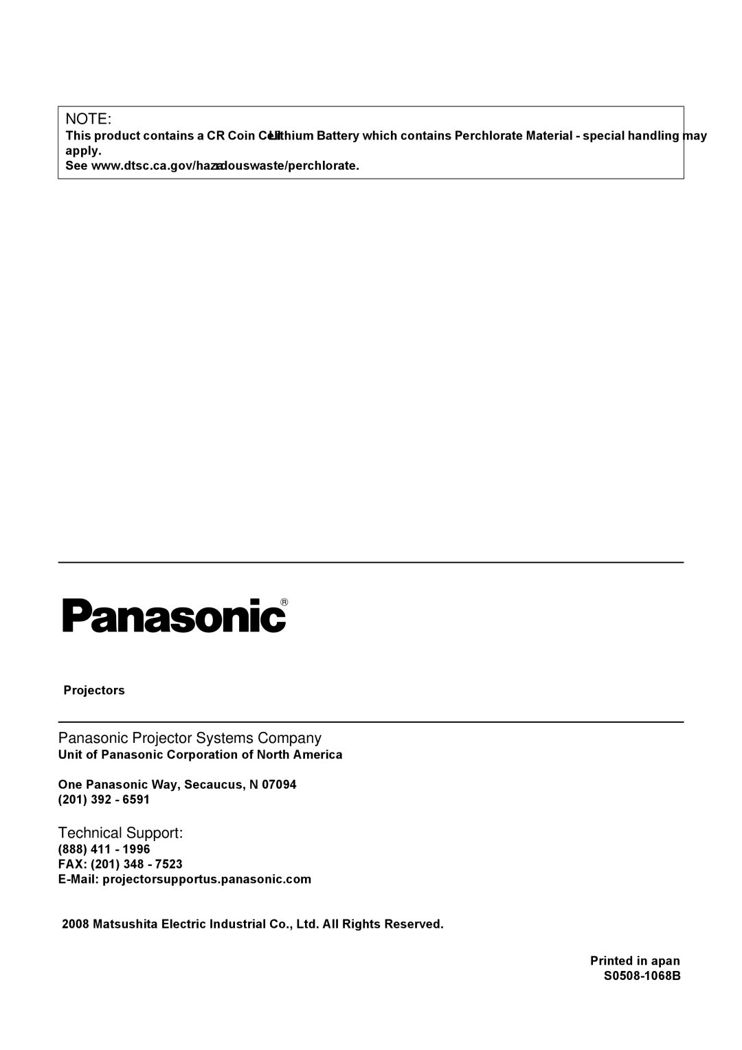 Panasonic PT-LW80NTU manual Panasonic Projector Systems Company, Technical Support 