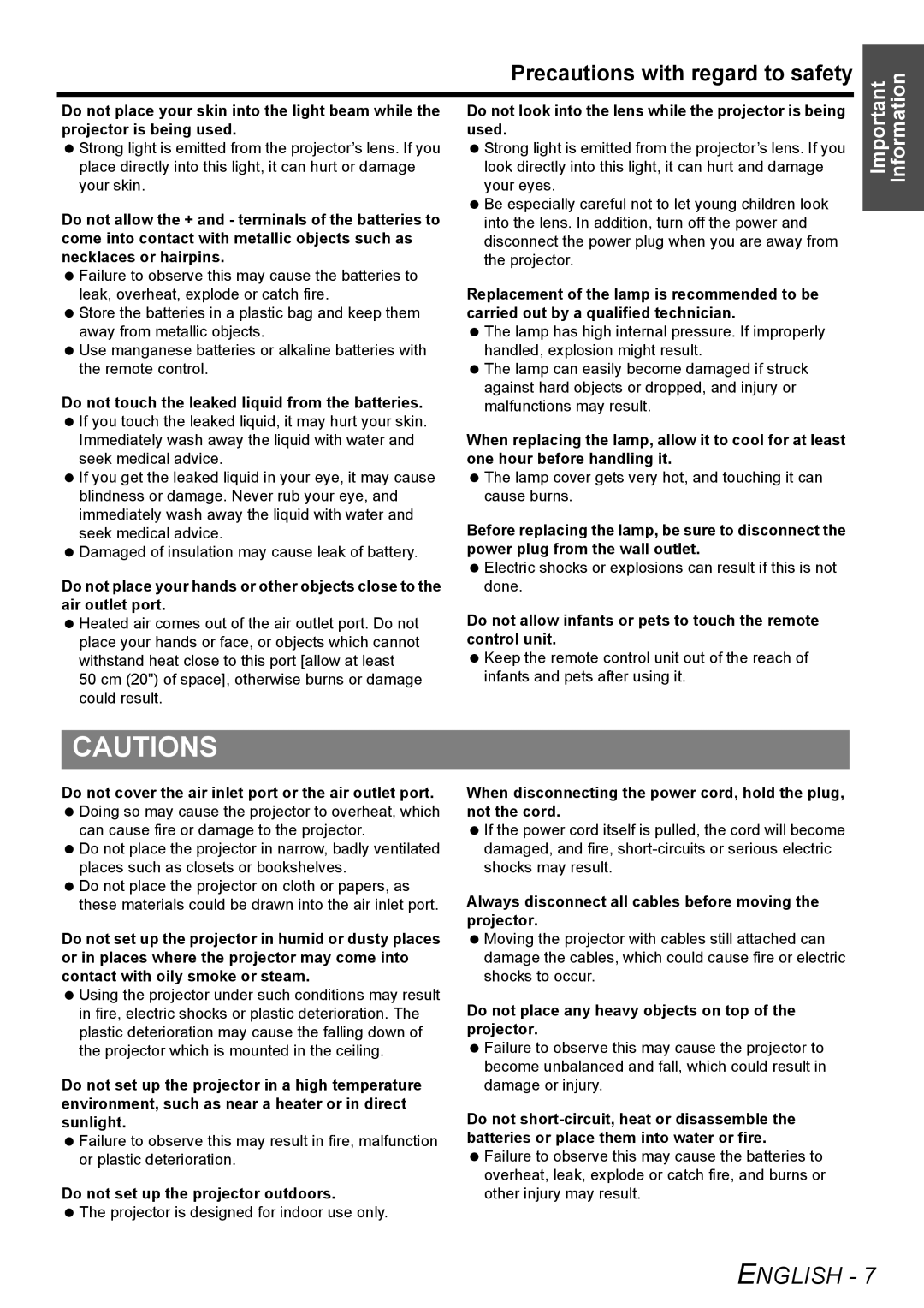 Panasonic PT-LW80NTU manual Precautions with regard to safety, Do not look into the lens while the projector is being used 