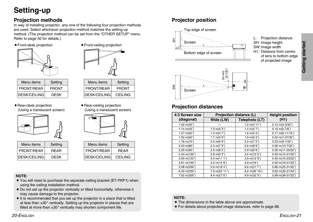 Panasonic PT-P1SDE manual Setting-up, Projection methods, Projector position, Projection distances 