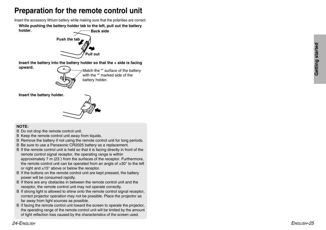 Panasonic PT-P1SDE manual Preparation for the remote control unit, Insert the battery holder 