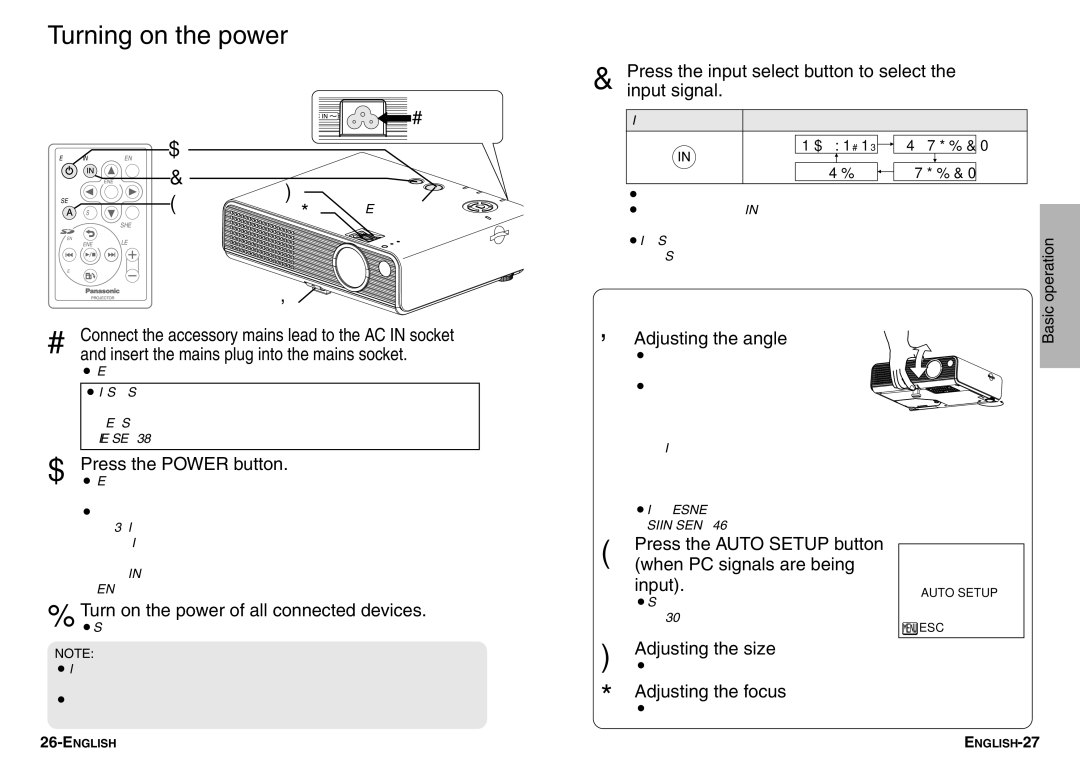 Panasonic PT-P1SDE manual Turning on the power 