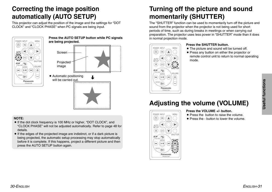 Panasonic PT-P1SDE manual Turning off the picture and sound momentarily Shutter, Adjusting the volume Volume 