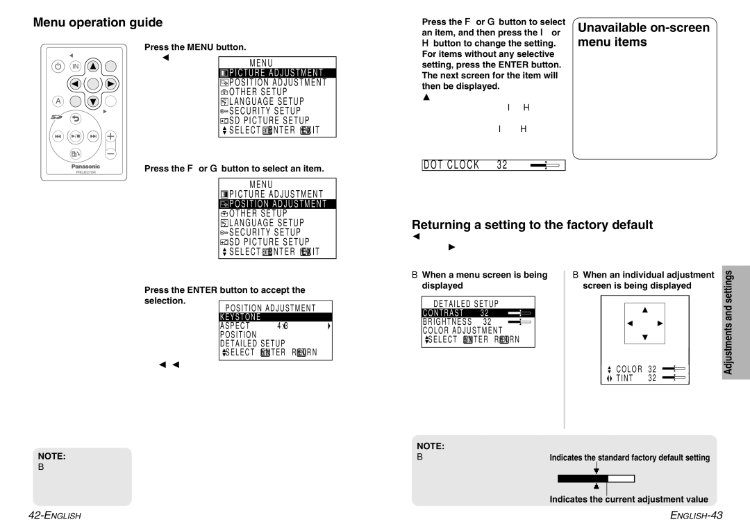 Panasonic PT-P1SDE manual Menu operation guide, Returning a setting to the factory default 