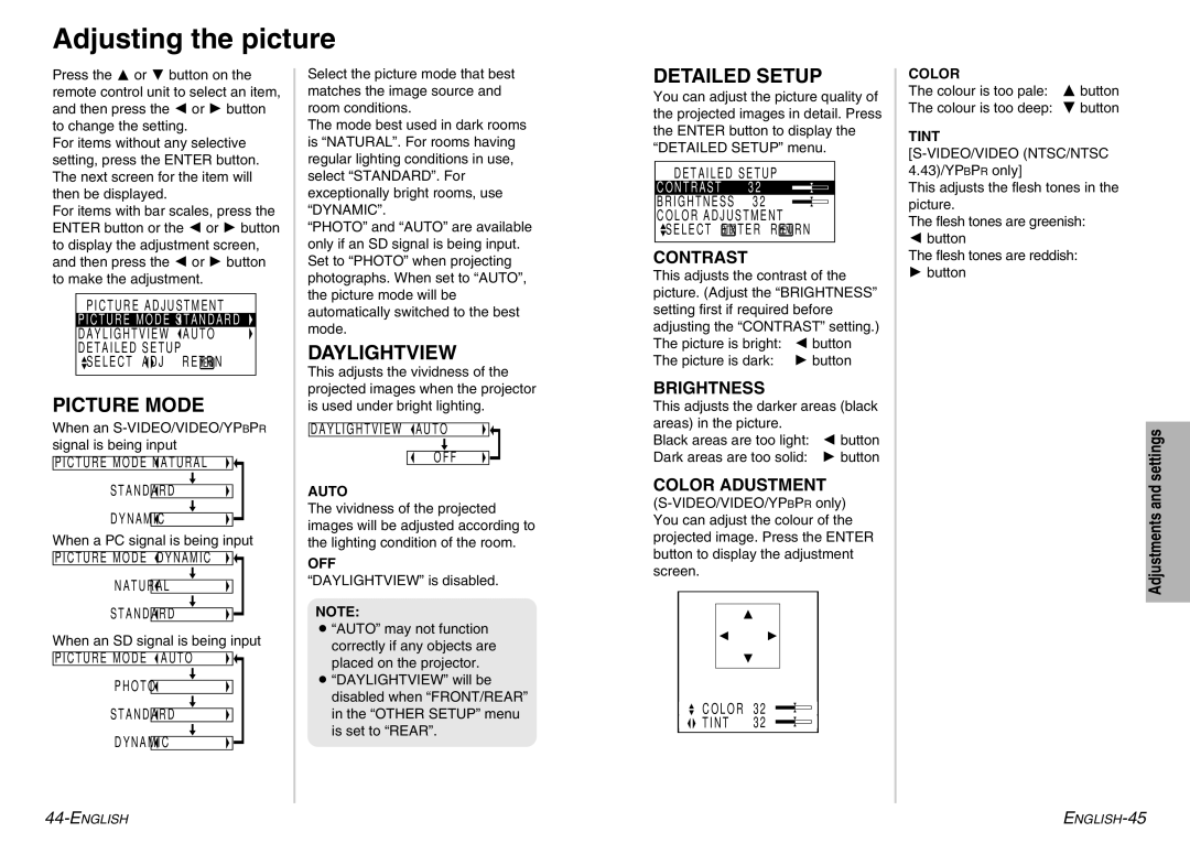 Panasonic PT-P1SDE manual Adjusting the picture, Picture Mode, Daylightview, Detailed Setup 