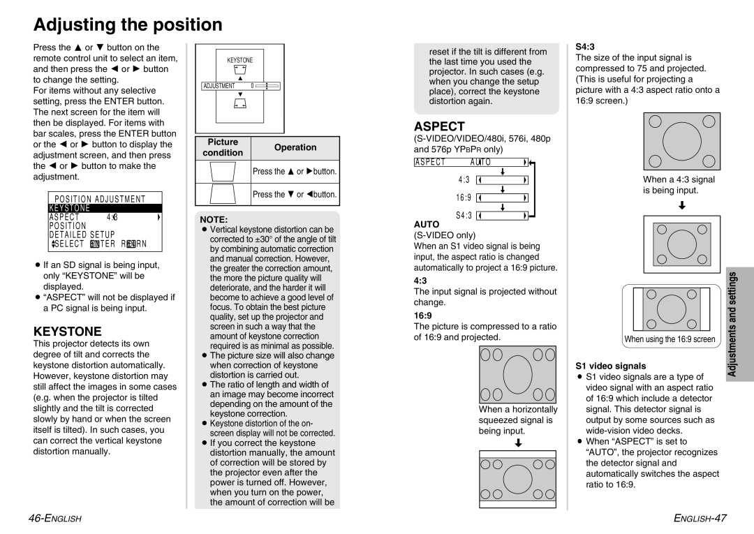 Panasonic PT-P1SDE manual Adjusting the position, Keystone, Aspect 