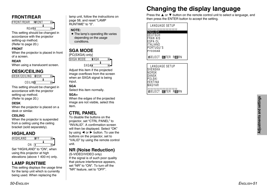 Panasonic PT-P1SDE manual Changing the display language 