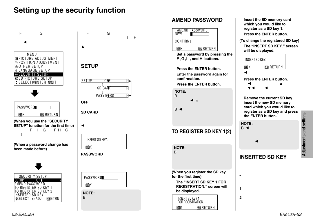 Panasonic PT-P1SDE manual Setting up the security function, Amend Password, Setup, Inserted SD KEY 