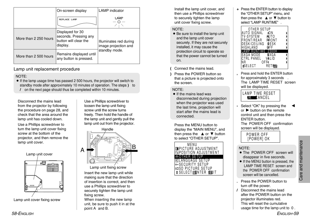 Panasonic PT-P1SDE manual Lamp unit replacement procedure 