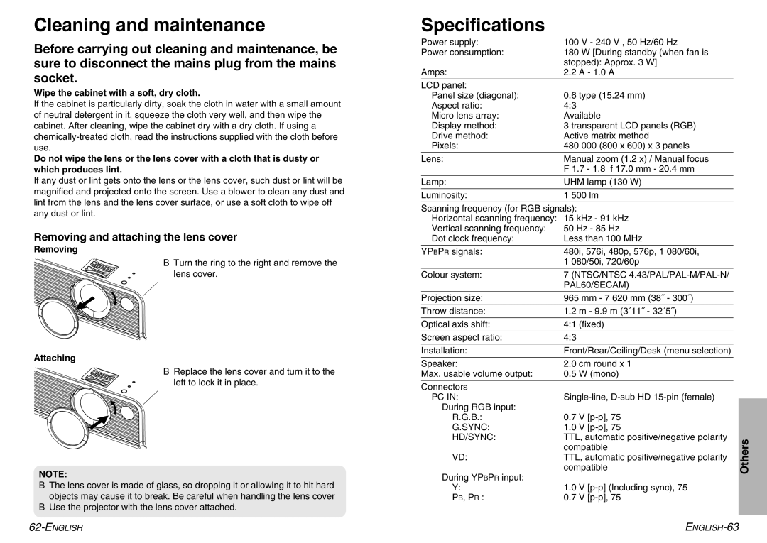 Panasonic PT-P1SDE manual Cleaning and maintenance, Specifications, Removing and attaching the lens cover 