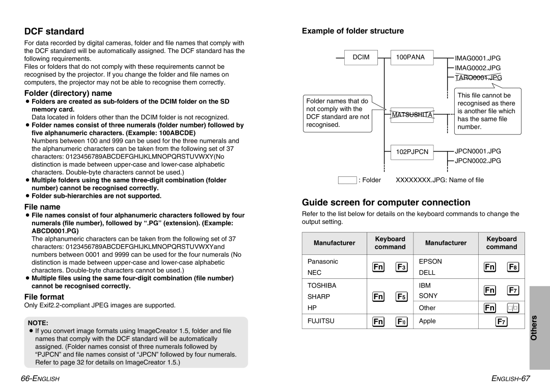 Panasonic PT-P1SDE manual DCF standard, Guide screen for computer connection, Folder directory name, File name, File format 