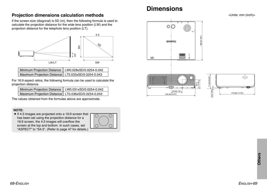 Panasonic PT-P1SDE manual Dimensions, Projection dimensions calculation methods, Units mm inch 