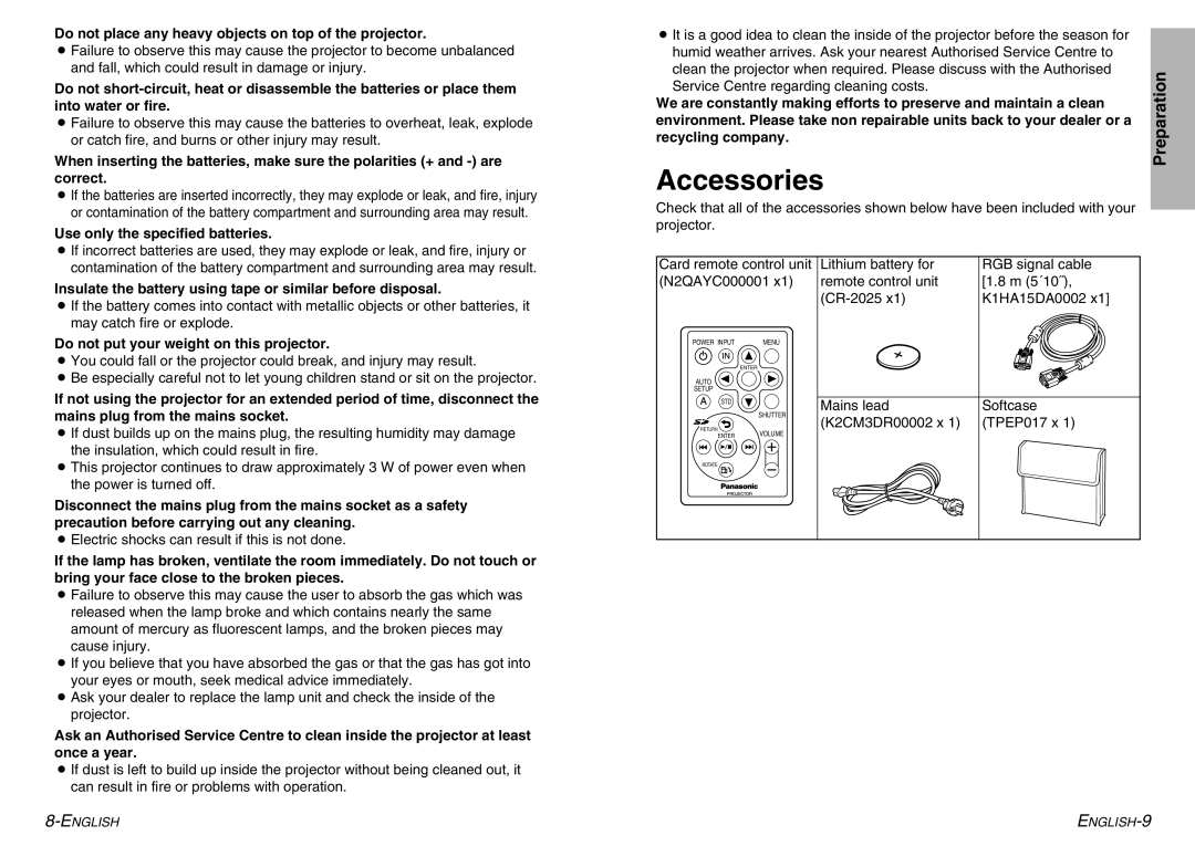 Panasonic PT-P1SDE Accessories, Do not place any heavy objects on top of the projector, Use only the specified batteries 