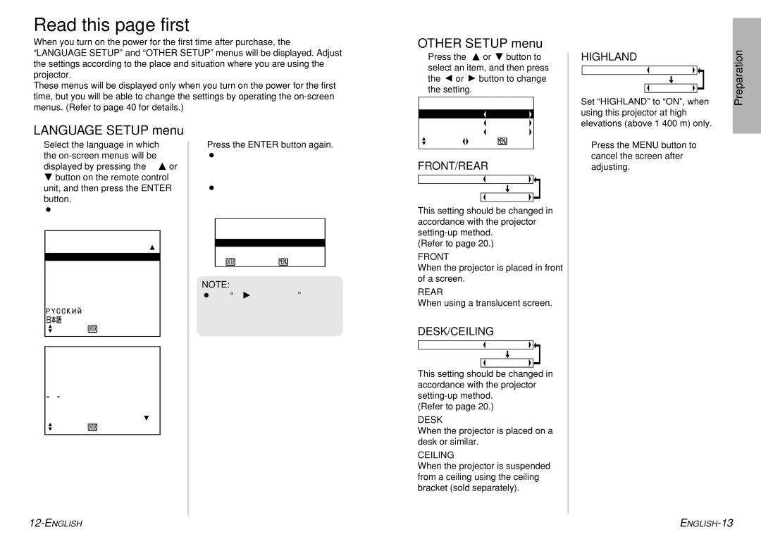 Panasonic PT-P1SDE manual Read this page first, Other Setup menu, Language Setup menu 