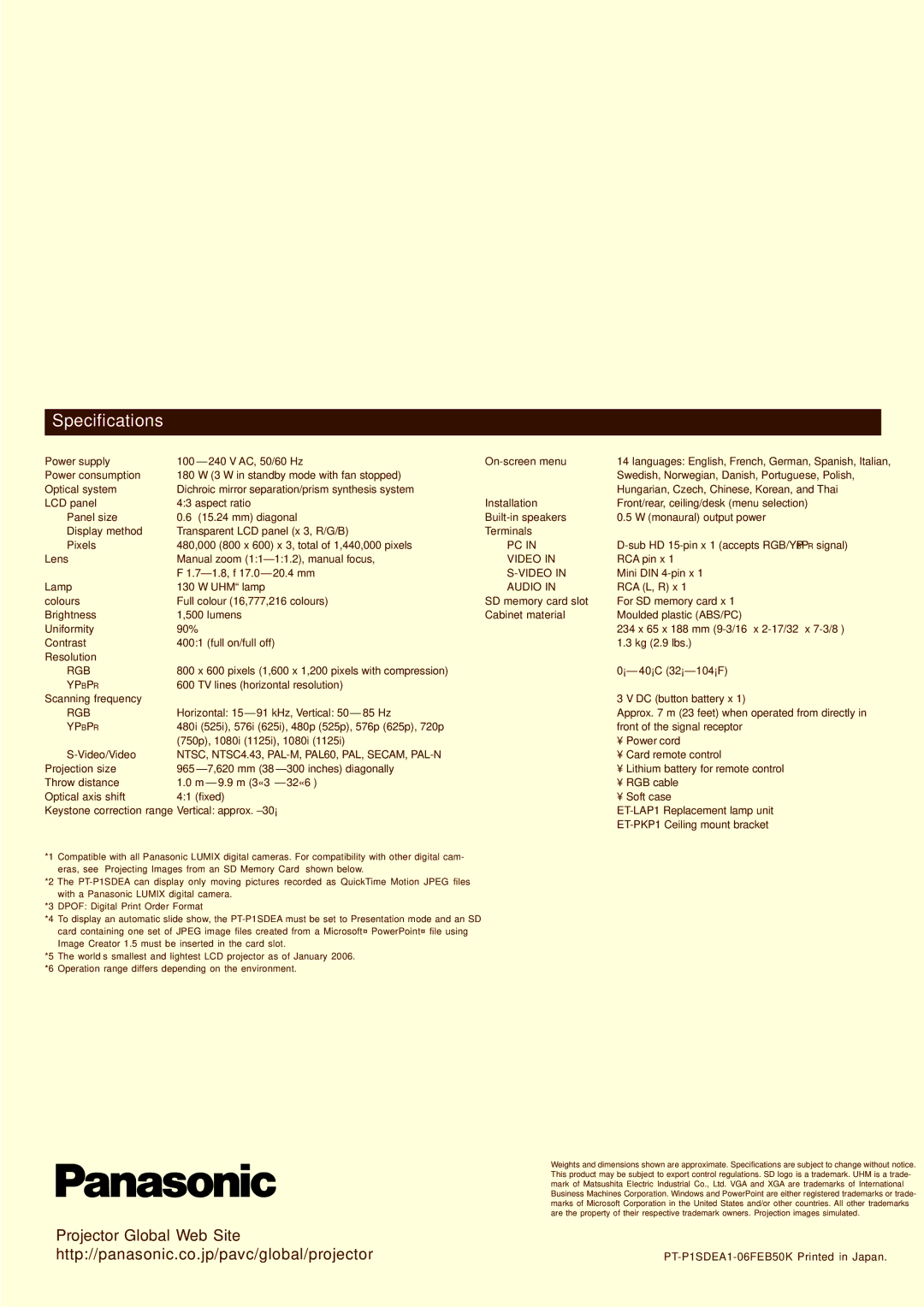 Panasonic pt-p1sdea manual Specifications 