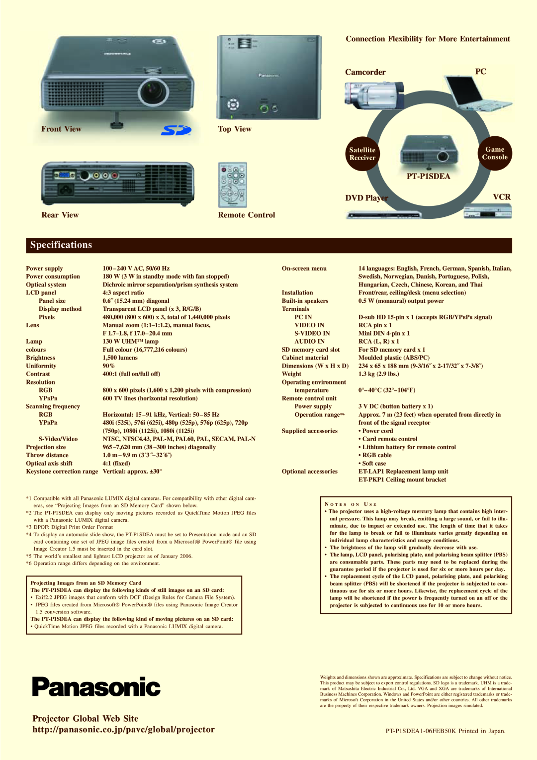 Panasonic pt-p1sdea Specifications, Projector Global Web Site http//panasonic.co.jp/pavc/global/projector, Front View 