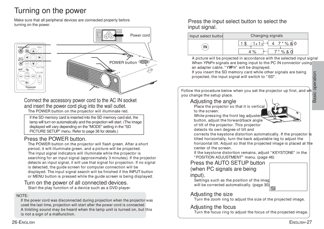 Panasonic PT-P1SDU operating instructions Turning on the power 