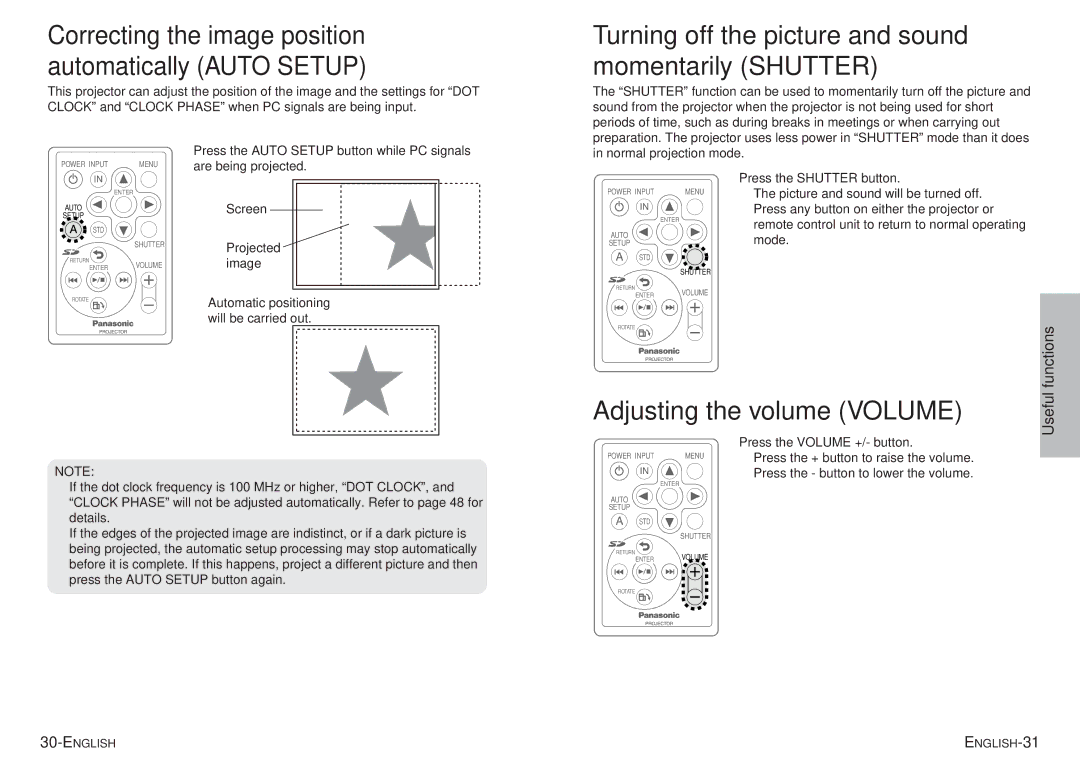 Panasonic PT-P1SDU Turning off the picture and sound momentarily Shutter, Adjusting the volume Volume, Projected, Image 