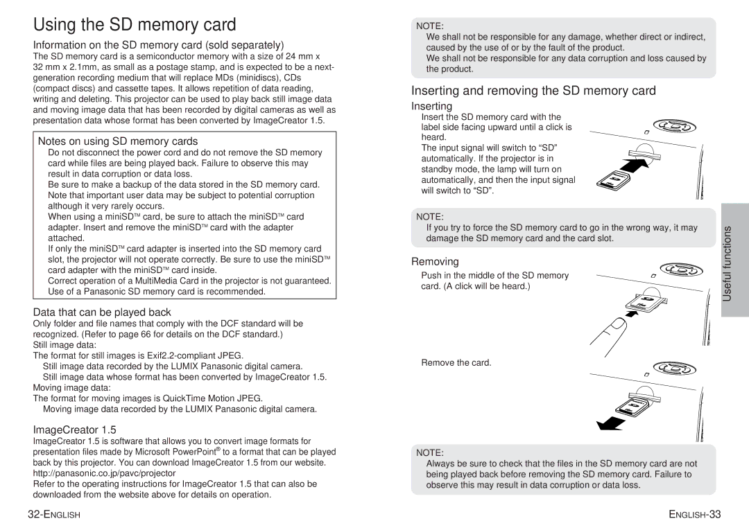 Panasonic PT-P1SDU operating instructions Inserting and removing the SD memory card 