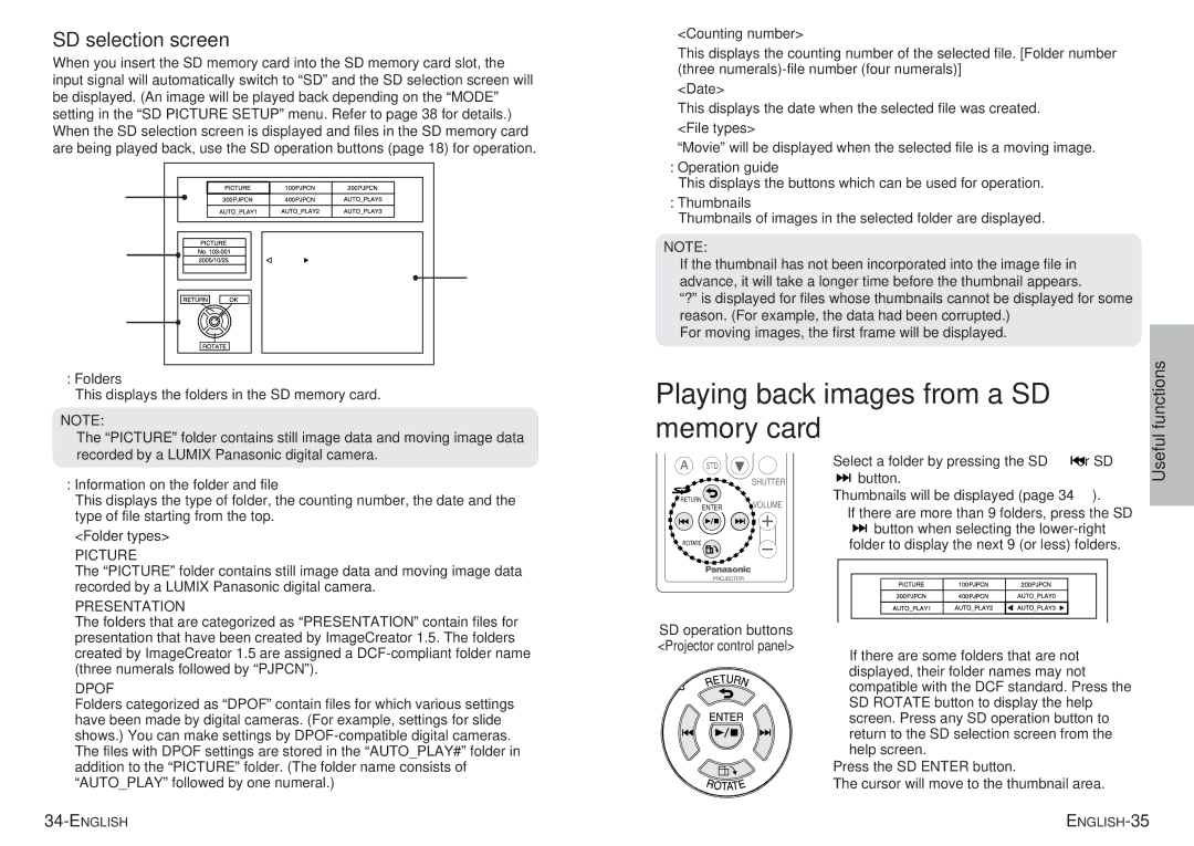 Panasonic PT-P1SDU operating instructions Playing back images from a SD, Memory card, SD selection screen, Useful 