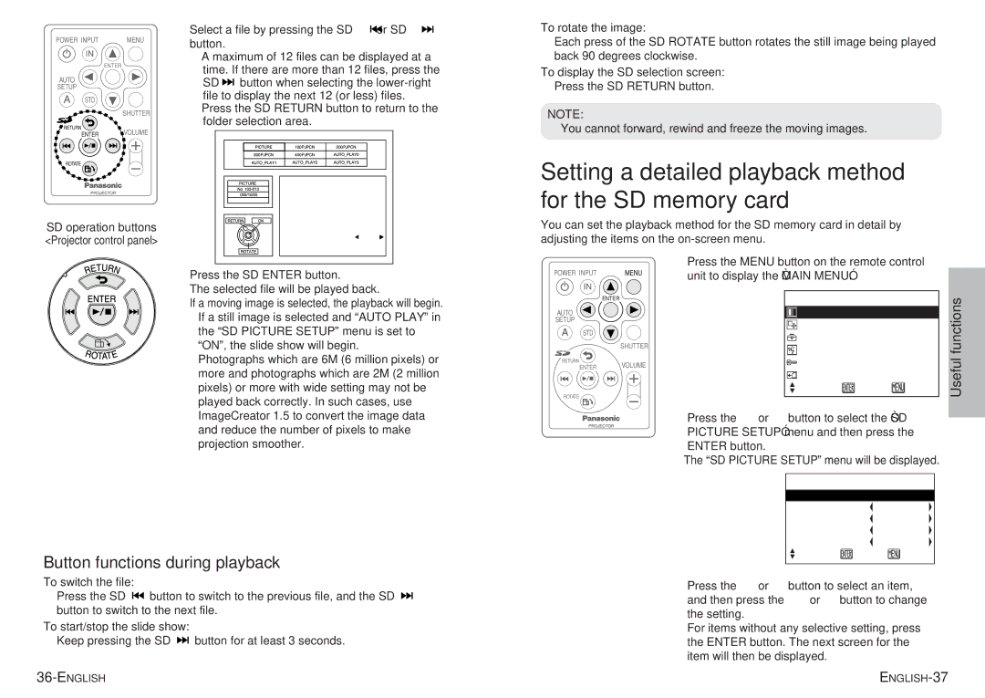 Panasonic PT-P1SDU Setting a detailed playback method for the SD memory card, Button functions during playback 