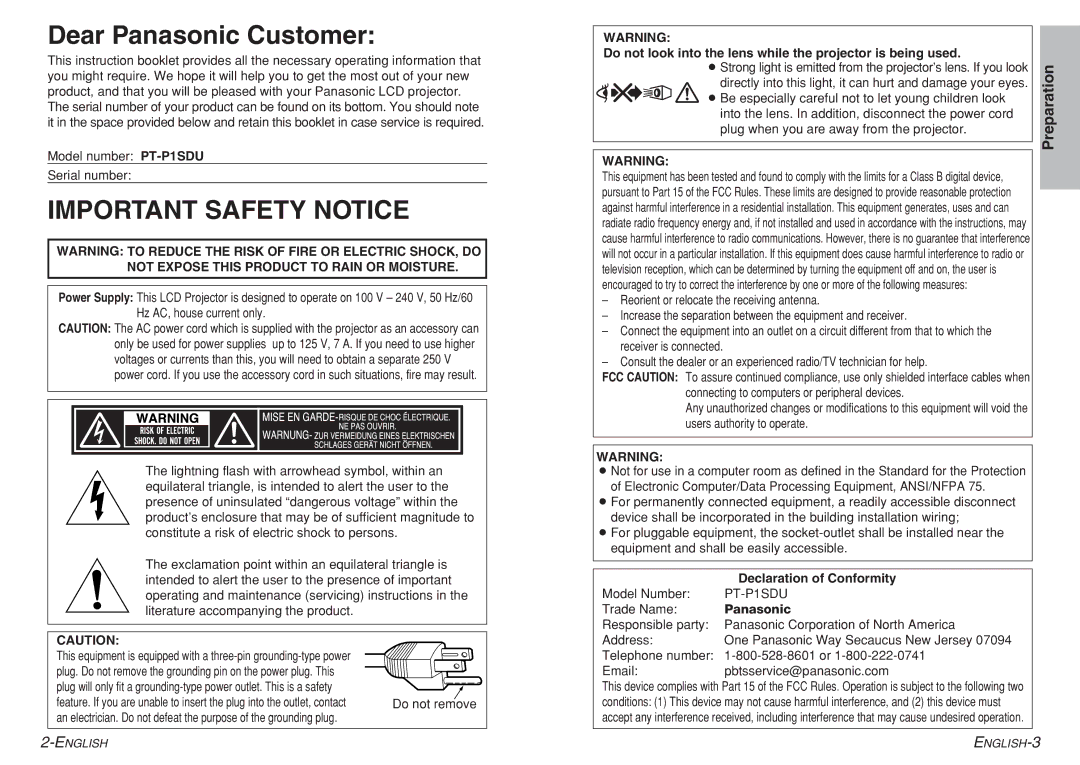 Panasonic PT-P1SDU Dear Panasonic Customer, Preparation, Do not look into the lens while the projector is being used 