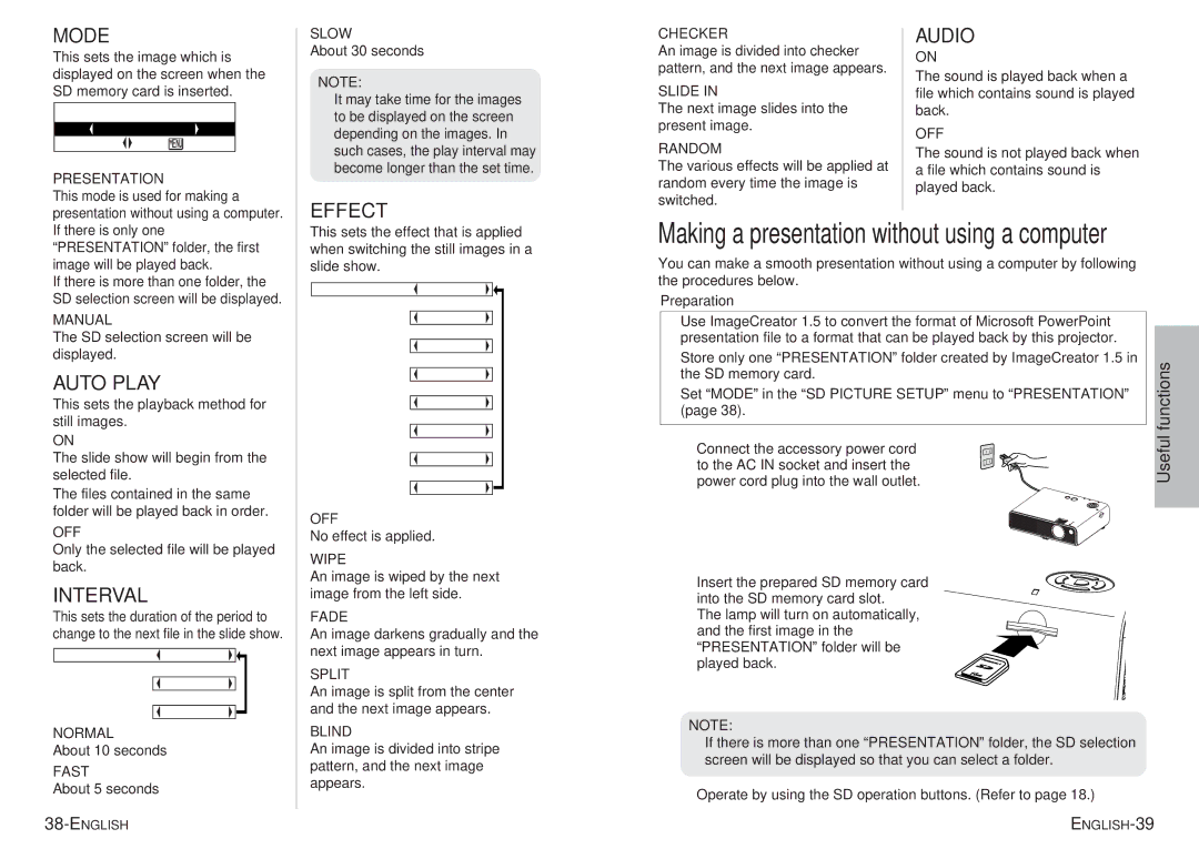 Panasonic PT-P1SDU operating instructions Effect, Auto Play, Interval 